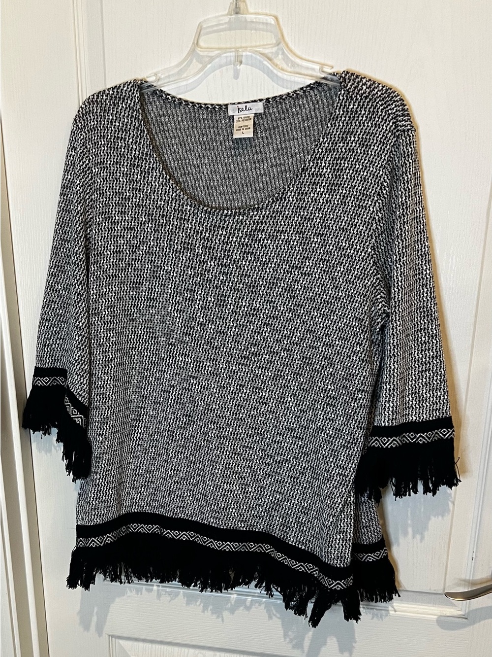 Isela Black & White Scoop Neck Fringe Sweater